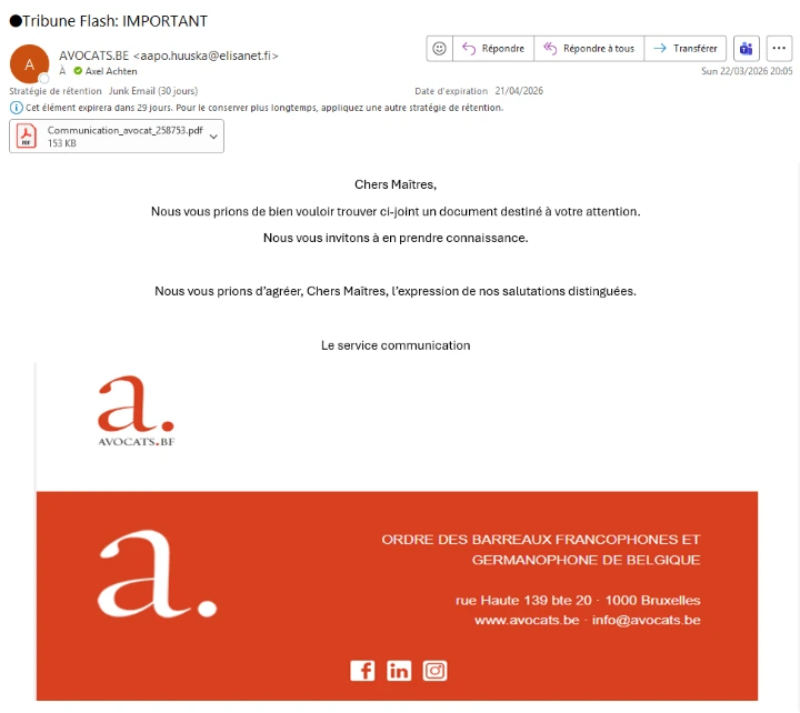 Capture d'écran du mail